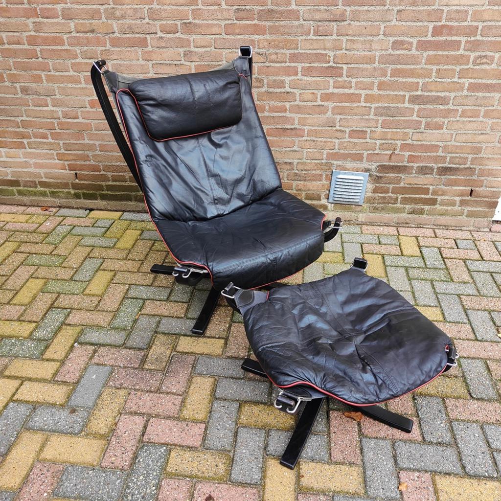 Falcon Chair van Sigurd Ressel - Zwart Leer, Ophalen, Gebruikt, 50 tot 75 cm, Leer