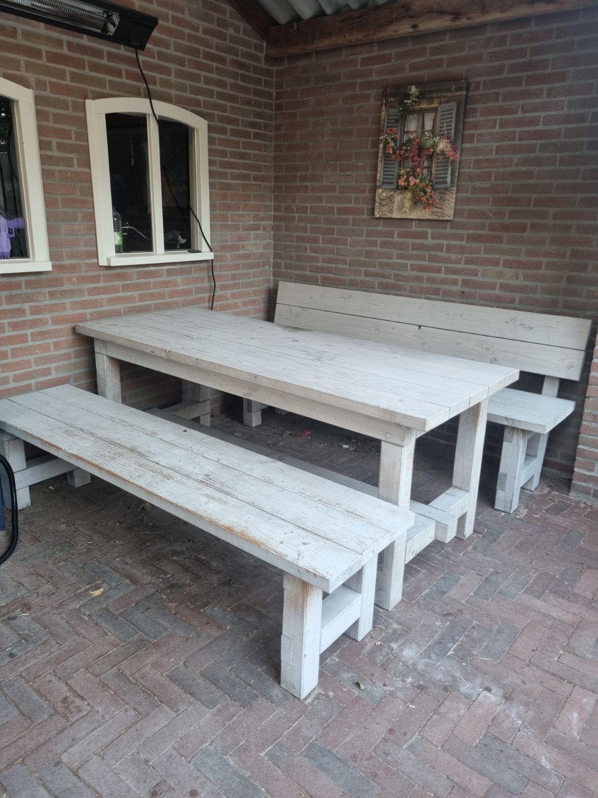 Douglas houten tuinset met banken, Tuin en Terras, Tuinsets en Loungesets, Ophalen, Gebruikt, 8 zitplaatsen, Bank