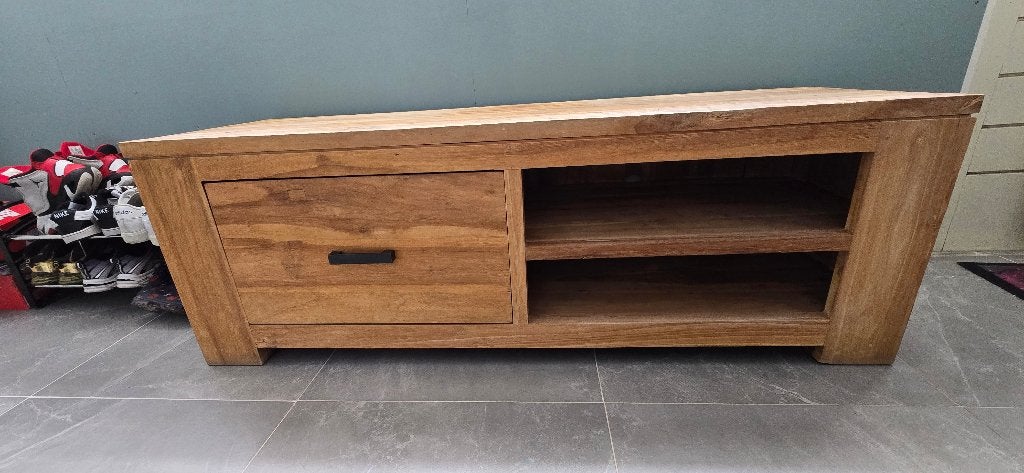 Mooie robuust en onbewerkt houten TV-meubel, Ophalen, 100 tot 150 cm, Zo goed als nieuw, Minder dan 100 cm