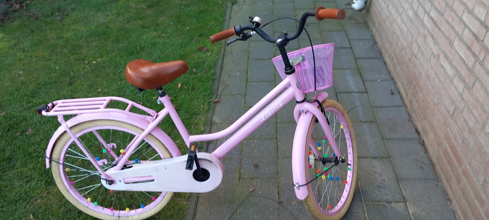 Roze kinderfiets met mandje en bagagedrager, Ophalen, Gebruikt, Handrem, 20 inch