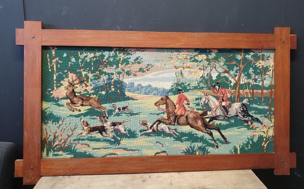 1760 vintage borduurwerk jachttafereel jacht herten paarden, Verzenden, Gebruikt, Overige typen