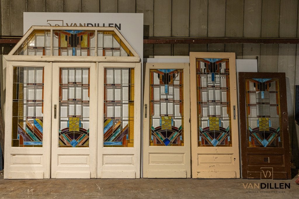 Unieke 7 delige set antieke glas in koper art deco deuren