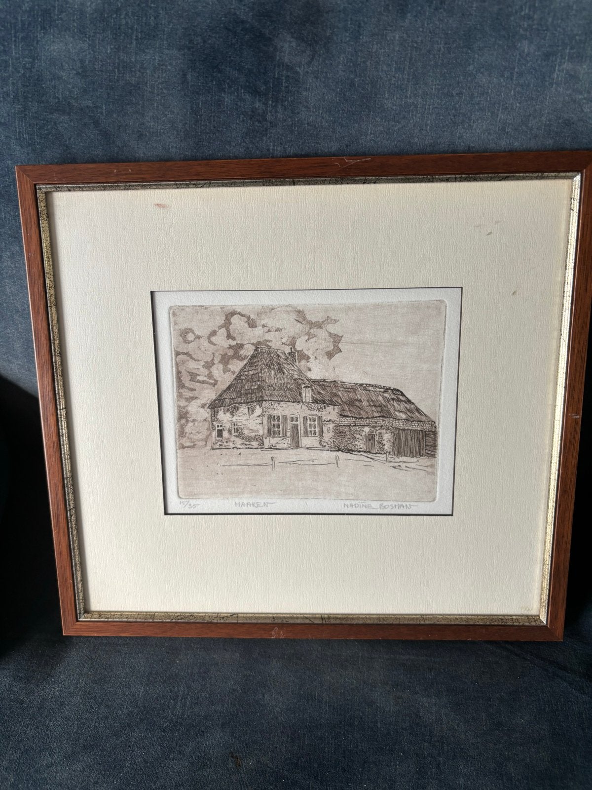 Ets Boerderij Haaren - Nadine Bosman (ontspiegeld glas), Ophalen of Verzenden, Gesigneerd, Landschap, 1950 - 1999