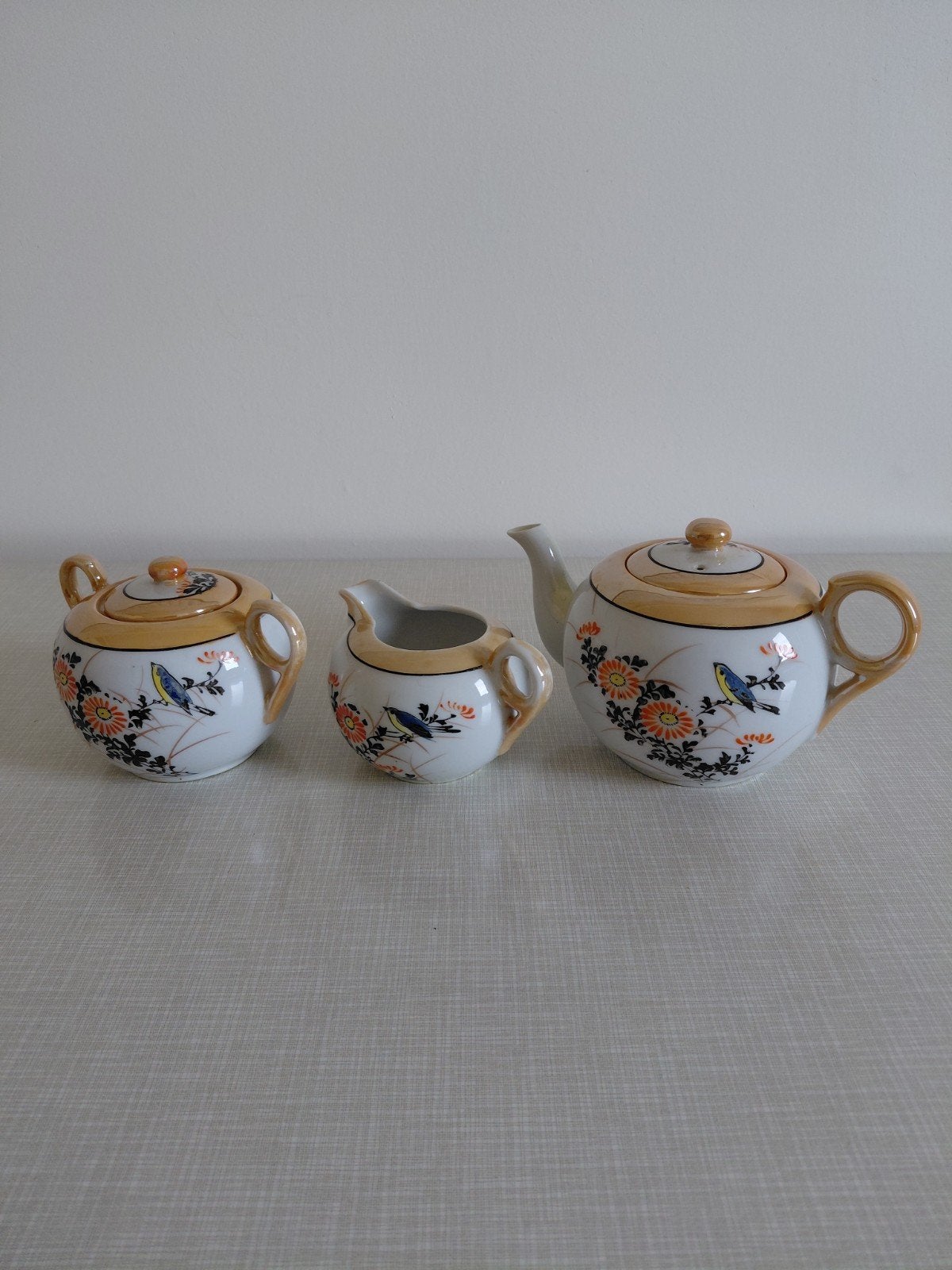 Vintage Japans theeservies met bloemen en vogels, Ophalen of Verzenden