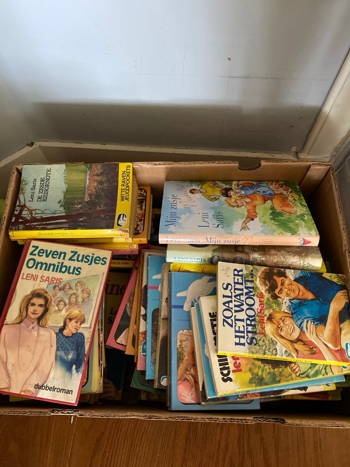 Bananendoos vol boeken van Leni Saris - Diverse titels, Boeken, Ophalen, Gelezen, Nederland