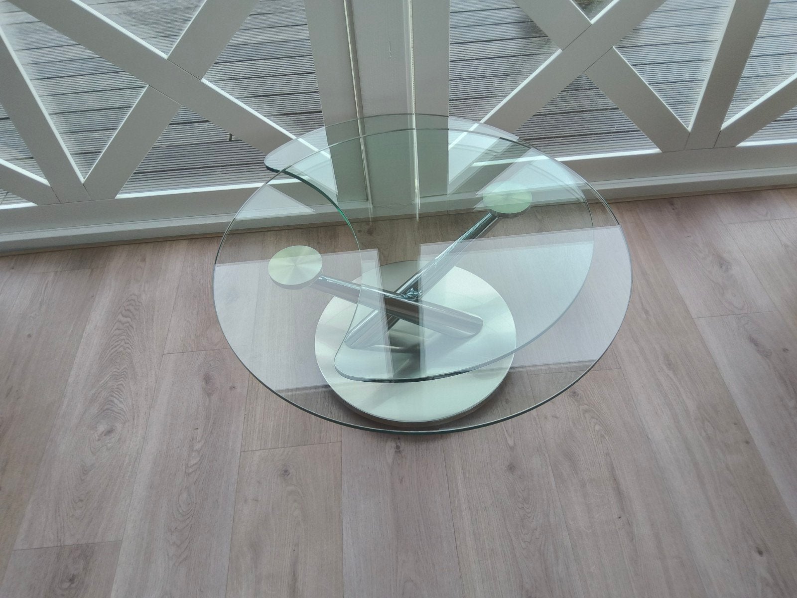 Glazen salontafel met draaibare bladen, Huis en Inrichting, Ophalen, 50 tot 100 cm, Rond, 50 tot 100 cm