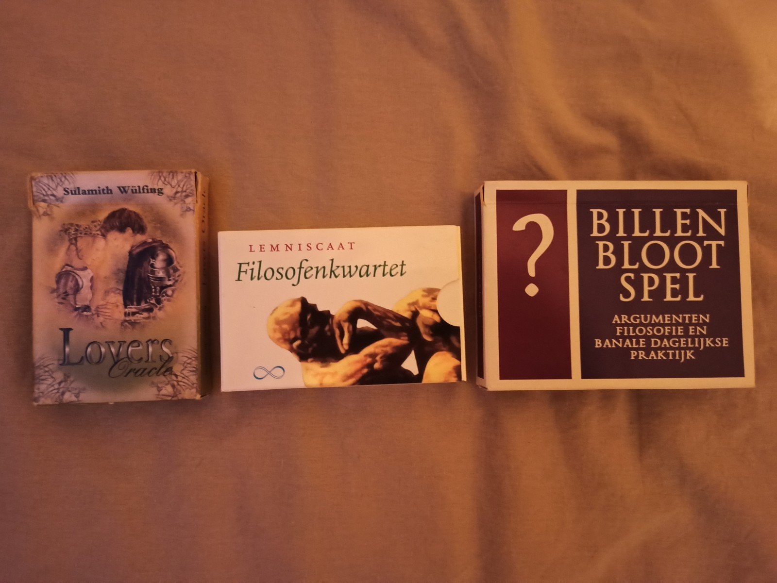 Drie spellen: Lovers Oracle, Filosofenkwartet, Billen Bloot, Een of twee spelers, Ophalen of Verzenden, Gebruikt, Sulamith Wülfing, Lemniscaat