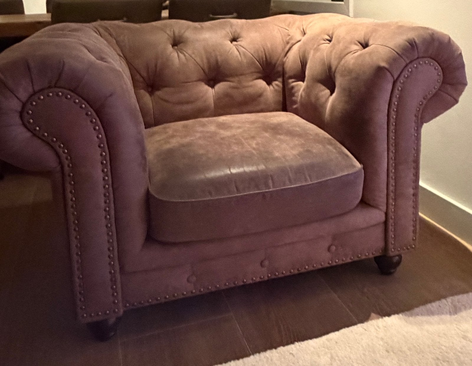 Chesterfield bank en fauteuil taupe, Huis en Inrichting, Ophalen, Gebruikt, Driepersoons, 75 tot 100 cm