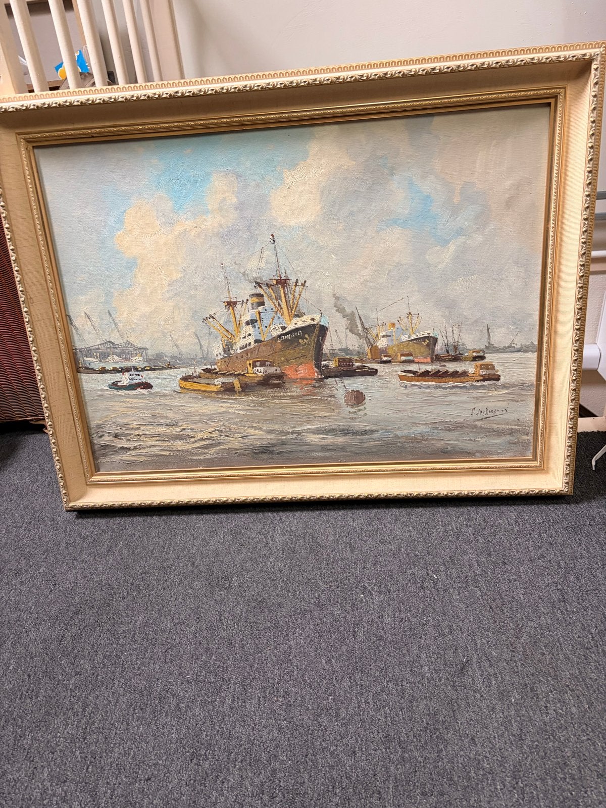 Maritiem schilderij vanWaalhaven van Adri Verveen,, Antiek en Kunst, Ophalen, Maritiem / water, Doek, Realistisch