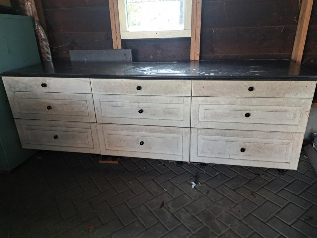 Keukenblok met lades en natuurstenen blad (240 cm), Huis en Inrichting, Keuken | Complete keukens, Ophalen, Gebruikt, Wit, Overige typen