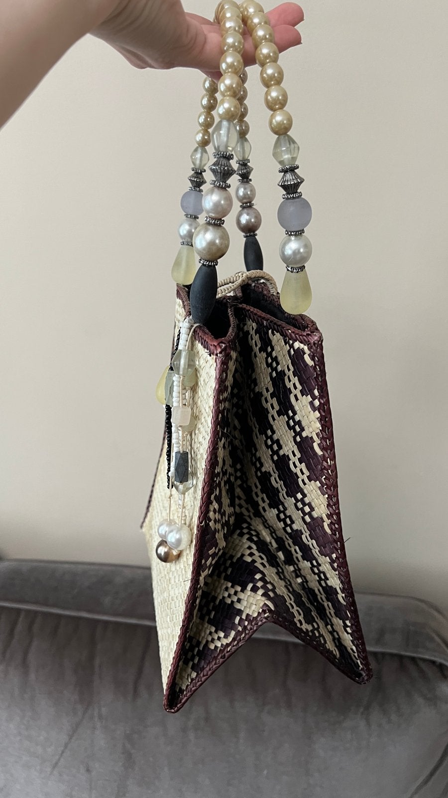 Handgeweven tas  met parels, Ophalen of Verzenden, Nieuw, Beige, Shopper