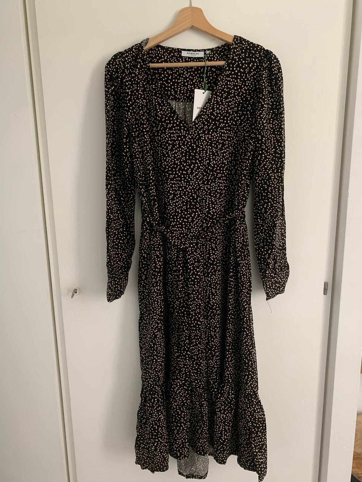 Zwart/bruin gestipte jurk,MSCH Copenhagen, mt xs, Ophalen, Zwart, Nieuw, Maat 34 (XS) of kleiner