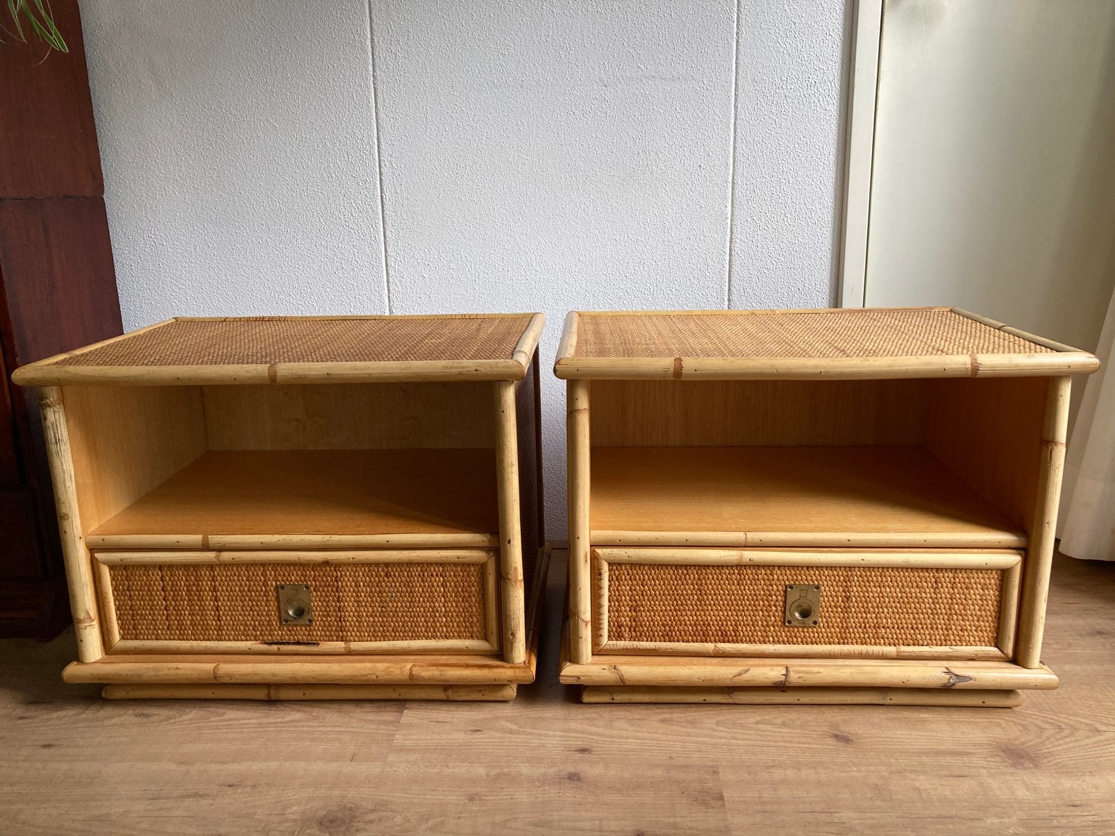 Vintage italiaans design Dal Vera rotan nachtkastjes set, Ophalen, Gebruikt, 45 tot 65 cm, Minder dan 55 cm