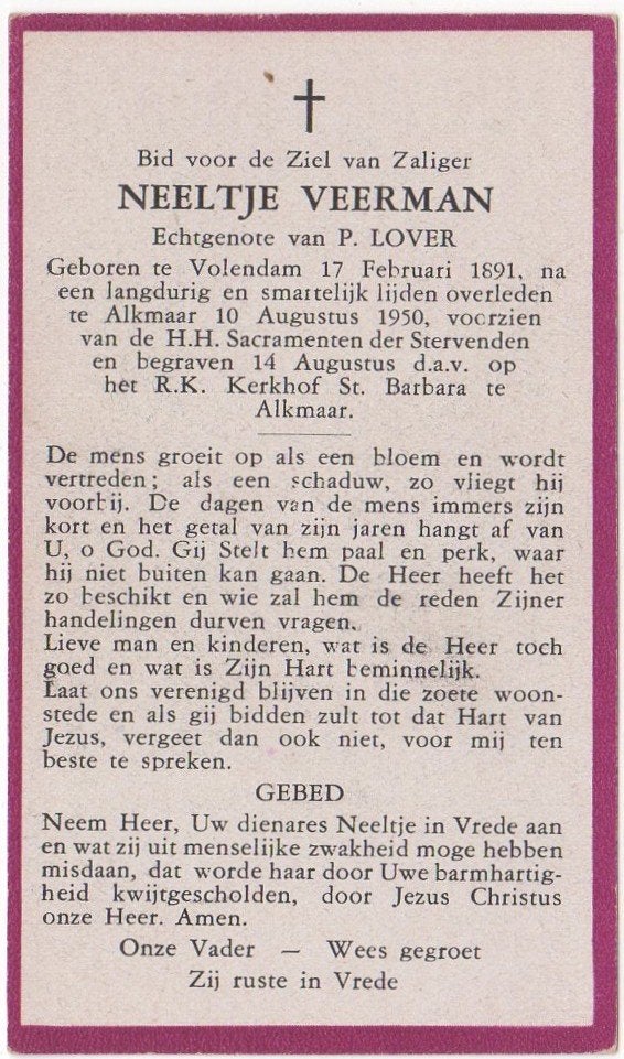 Neeltje Veerman 1891 Volendam + 1950 Alkmaar, 59 jaar oud, Verzamelen, Verzenden