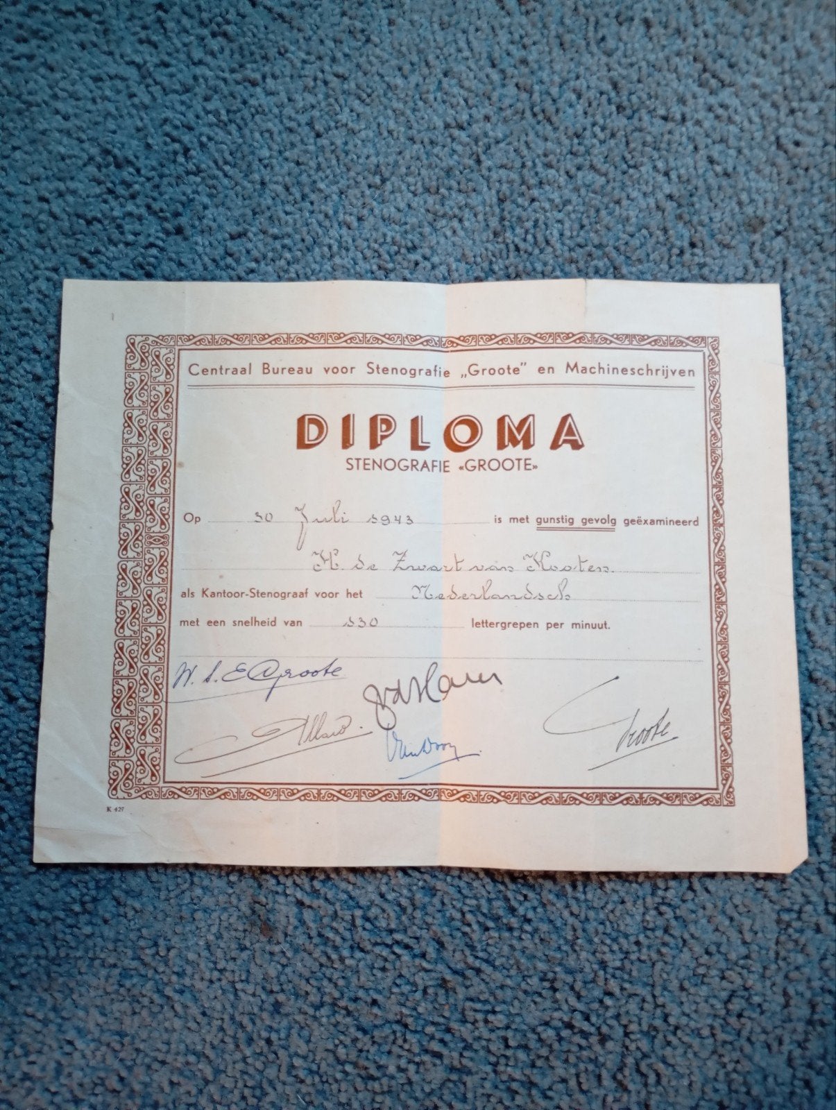 Vintage Diploma Stenografie 1943, Verzamelen, Ophalen of Verzenden, Gebruikt, Reclamebord