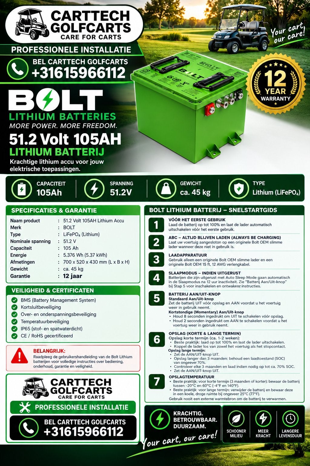 BOLT 51.2V 105Ah Lithium accu voor golfcarts, Sport en Fitness, Ophalen of Verzenden, Nieuw