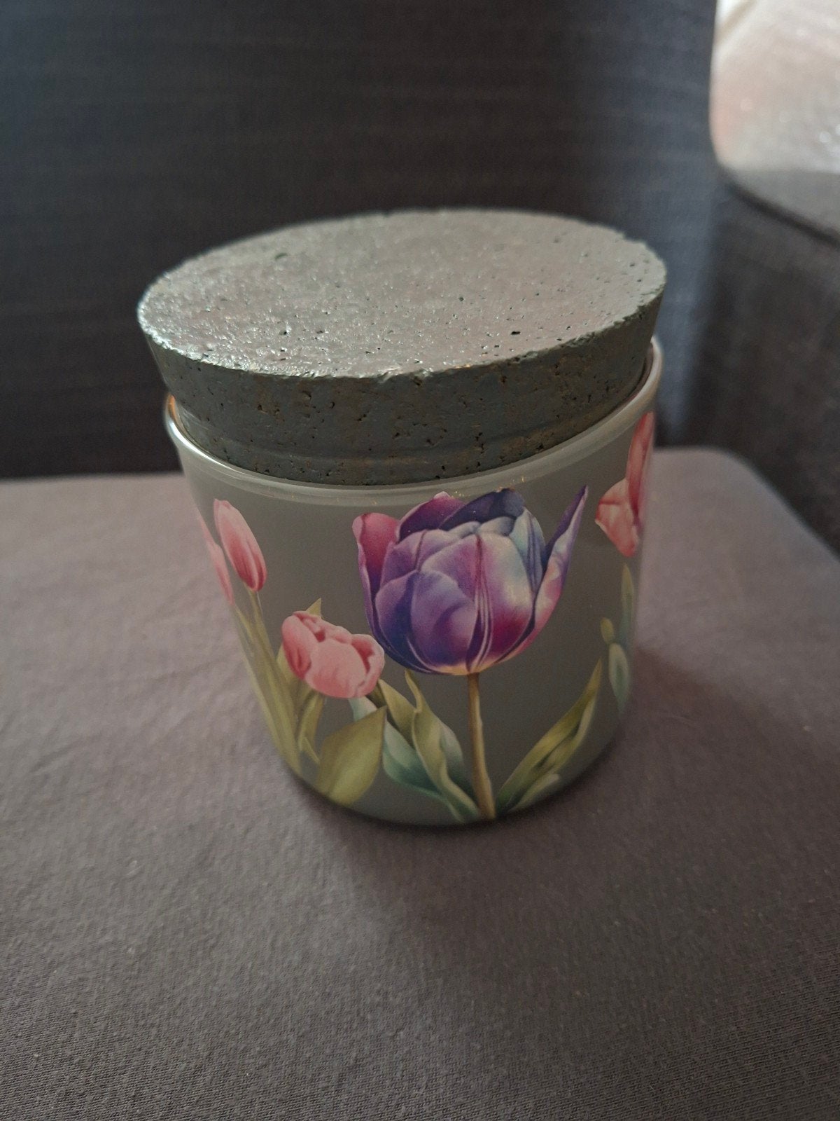 Decoupage tulpen potje met deksel, Overige materialen, Gebruikt, Met deksel, Rond
