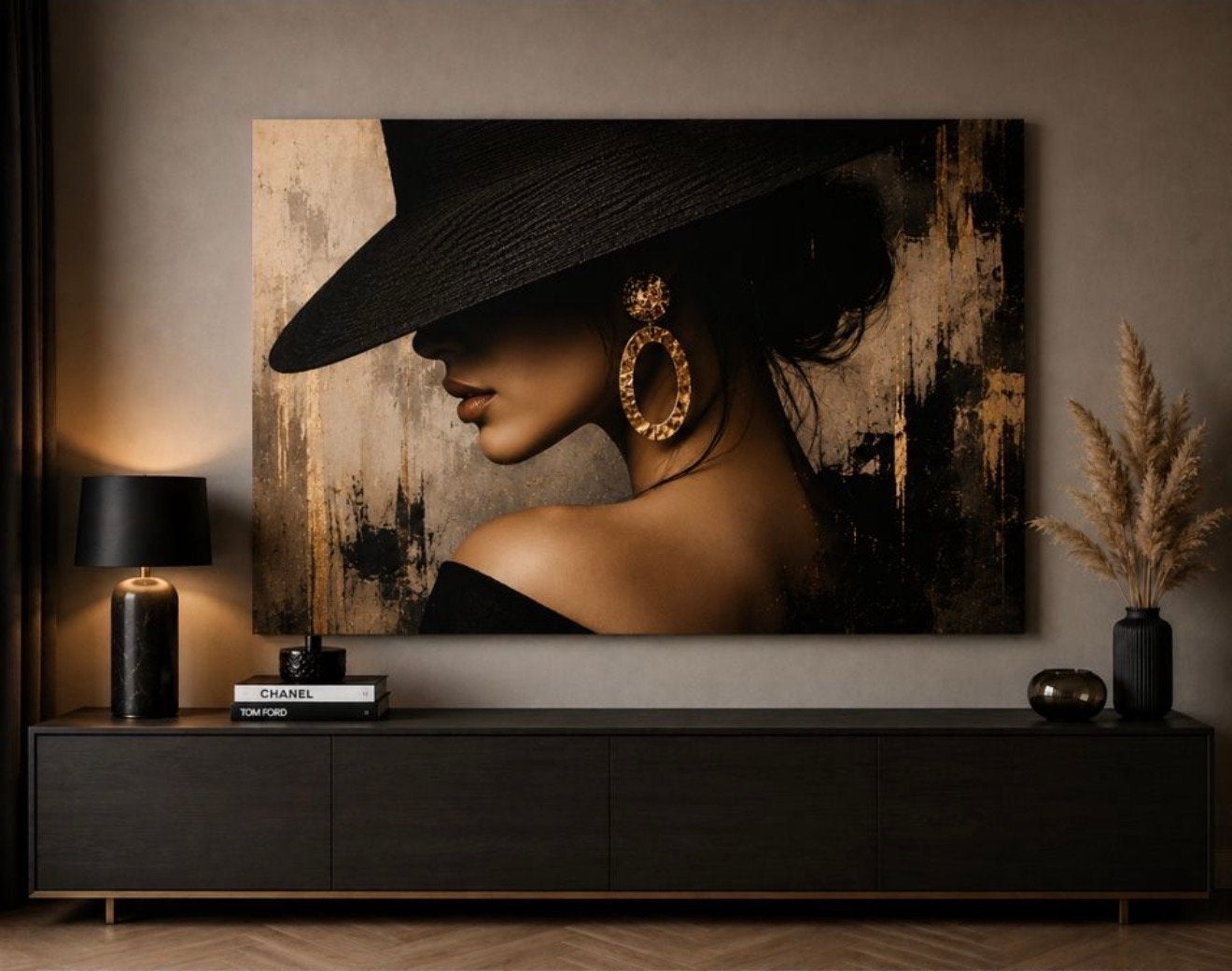 Elegant Vrouw met Hoed - Modern Plexiglas Schilderij, Ophangklaar, Kunststof, Ophalen of Verzenden, Print
