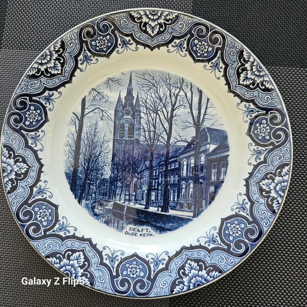 Antiek Delfts Blauw Wandbord - Oude Kerk Delft, Ophalen of Verzenden