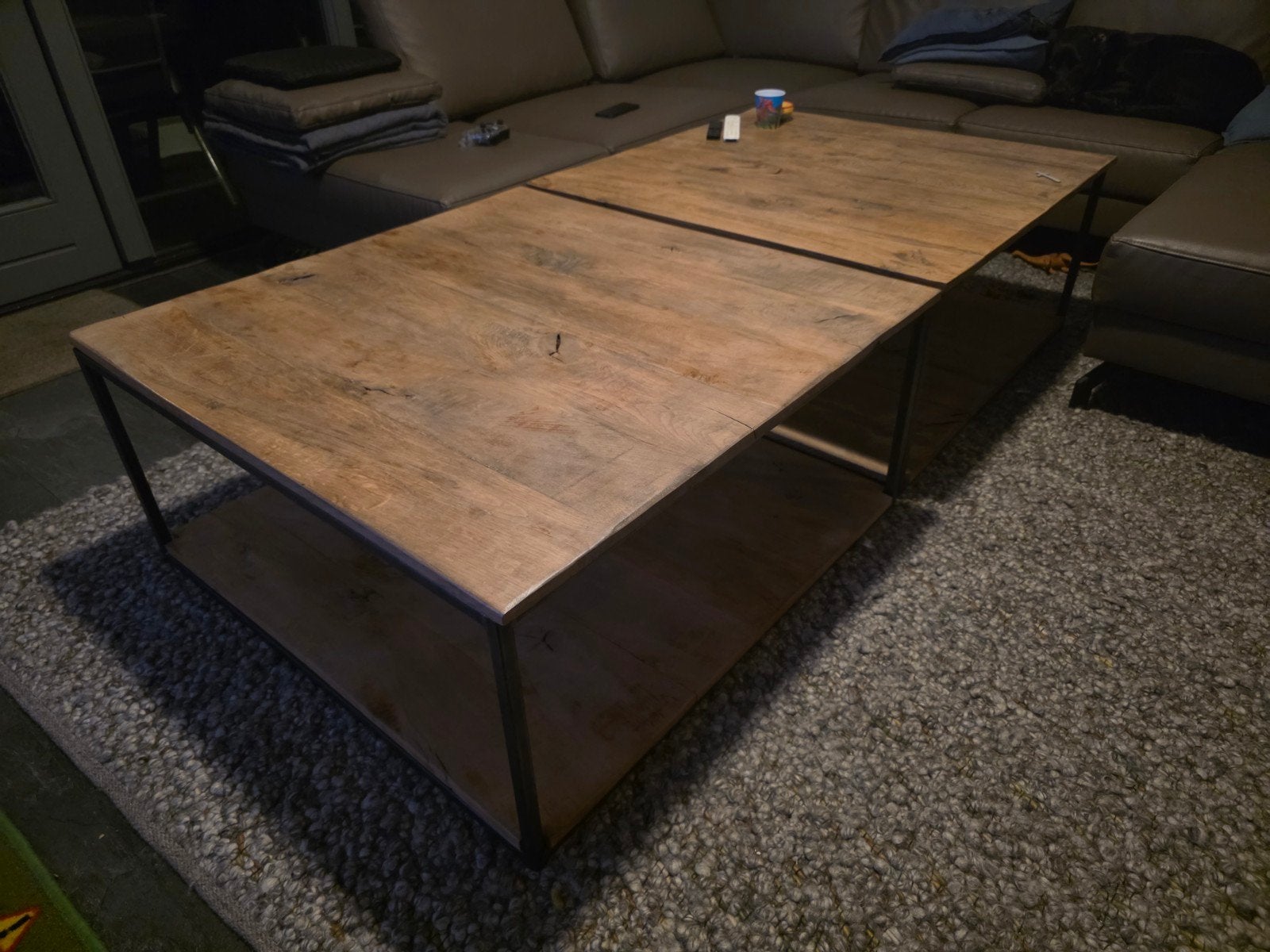 industriële salontafel van mangohout en metaal, Gebruikt, 50 tot 100 cm, 150 tot 200 cm, Vierkant