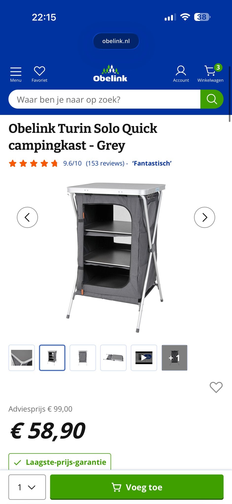 Obelink Turin Solo Quick campingkast - Grijs, Caravans en Kamperen, Kampeeraccessoires, Ophalen, Zo goed als nieuw