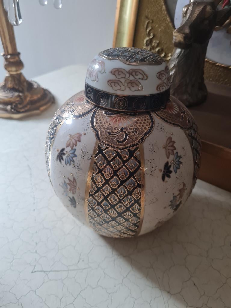 Vintage bolle vaas/pot met deksel zwart/wit, Antiek en Kunst, Curiosa en Brocante, Ophalen of Verzenden