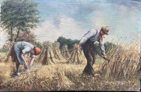 Schilderij Koren Maaien Binden 40x60cm, Ophalen of Verzenden