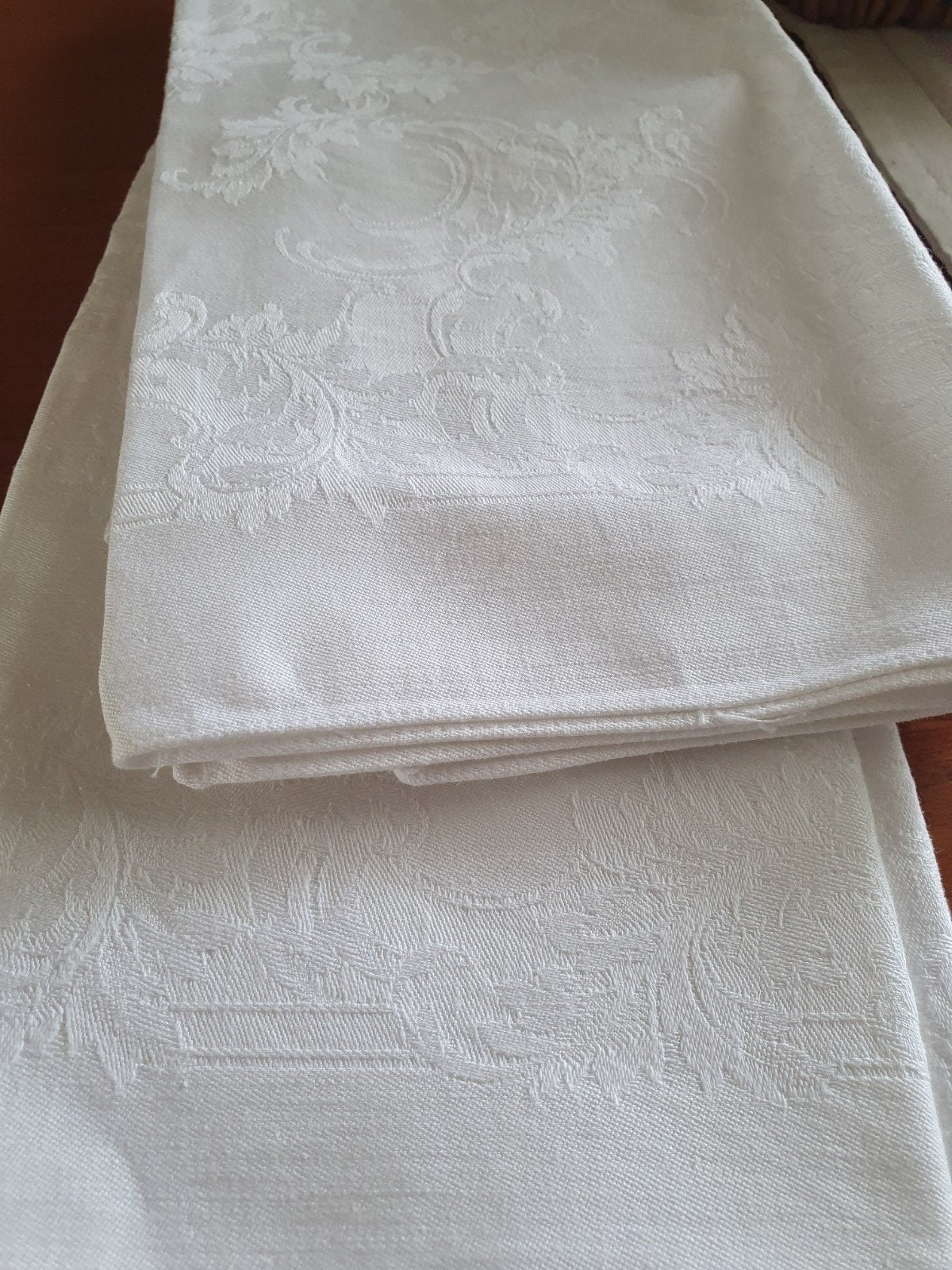Vintage wit damast tafellinnen servetten met barokpatroon, Ophalen of Verzenden