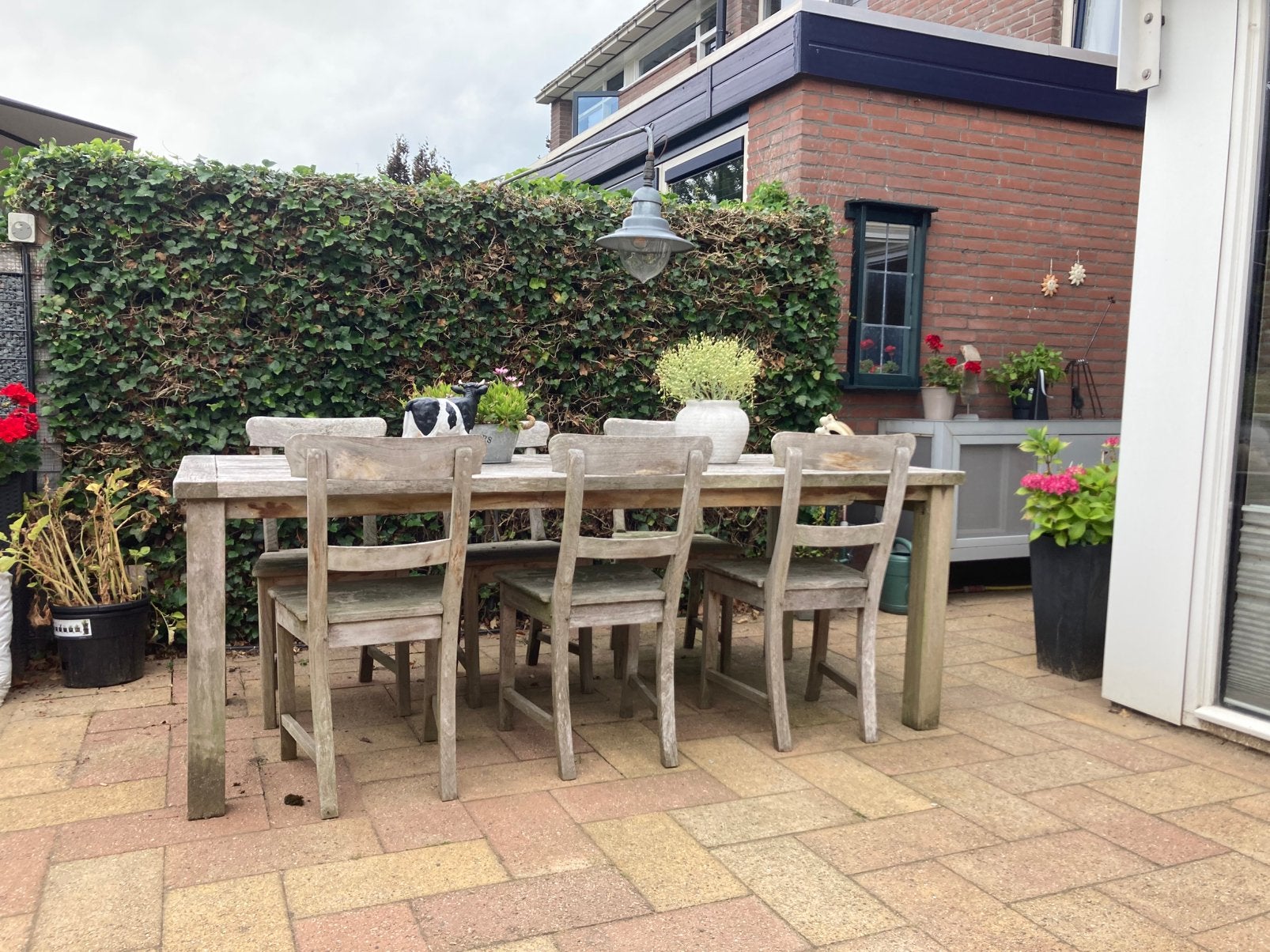 Gebruikte houten tuintafel met stoelen - 2.10m x 99cm, Ophalen, Gebruikt, Rechthoekig, Hout