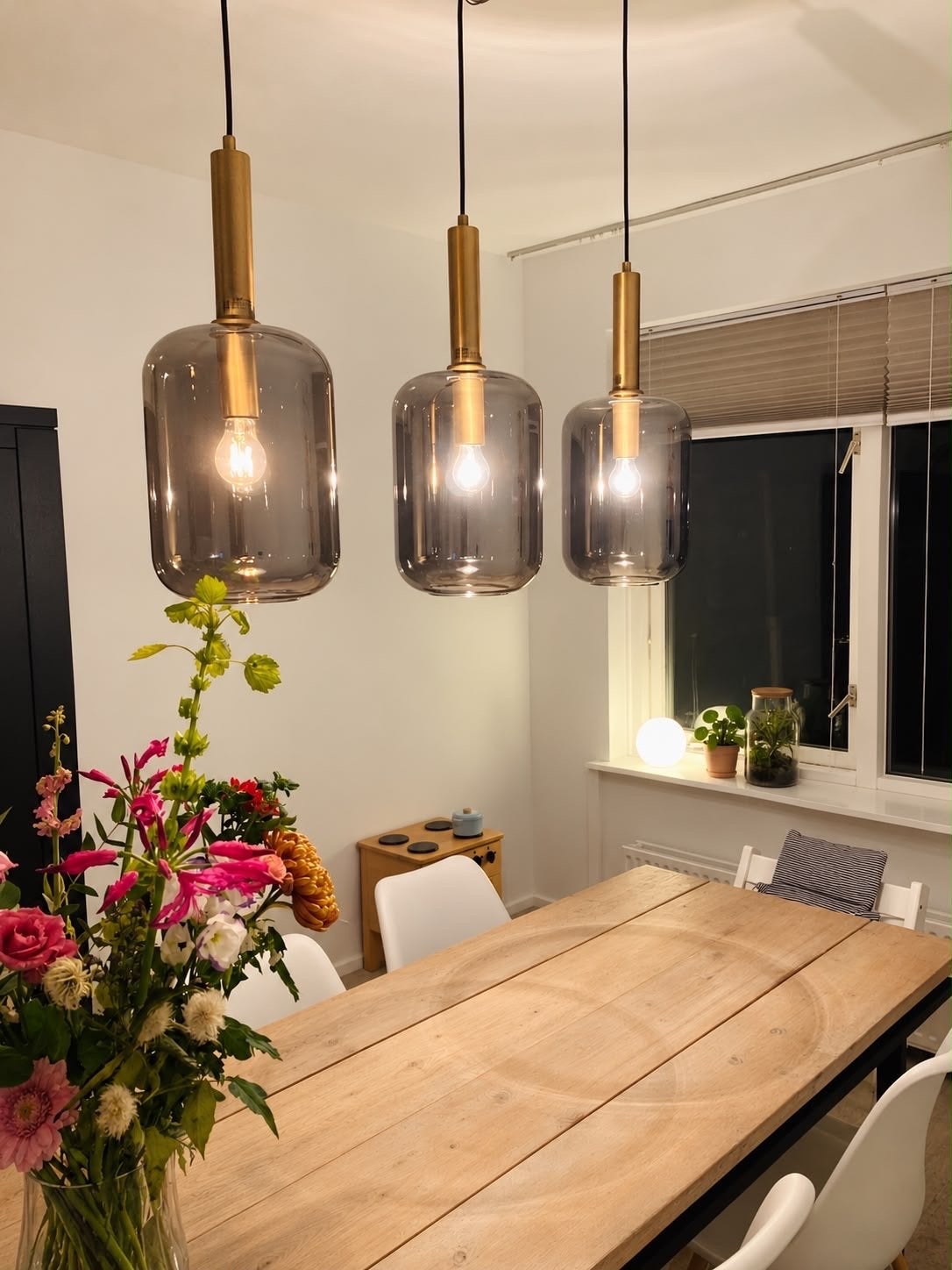Hanglamp 3x & Tafellamp Messing Rookglas Set, Ophalen, Zo goed als nieuw, Glas, E27 (groot)