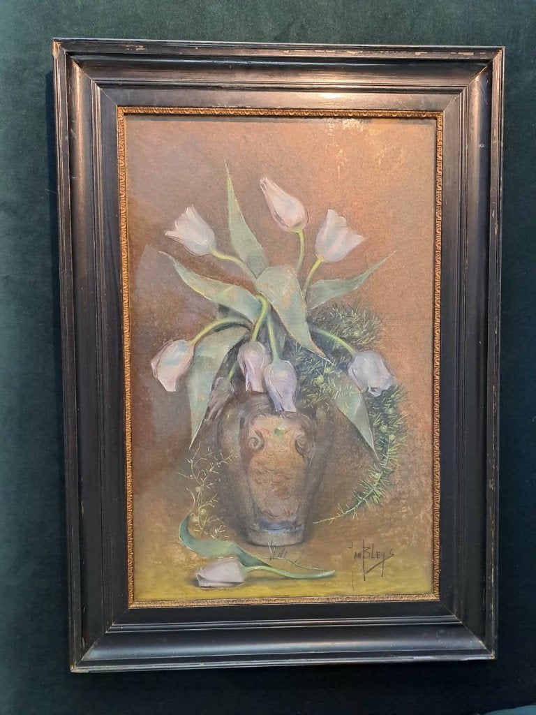 Jan Bleys - Origineel bloem stilleven (Crayon, 55x35), Antiek en Kunst, Overige stijlen, Stilleven, Ophalen of Verzenden, Gesigneerd