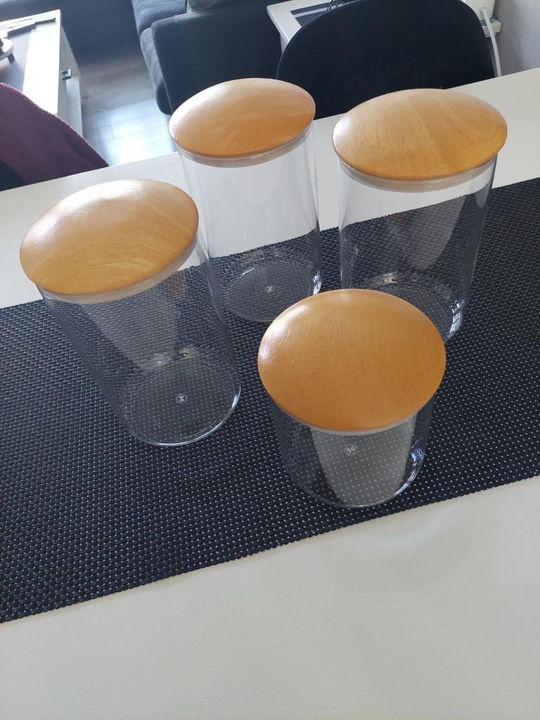 4 glazen Douwe Egberts voorraadpotten met houten deksels, Huis en Inrichting, Ophalen of Verzenden