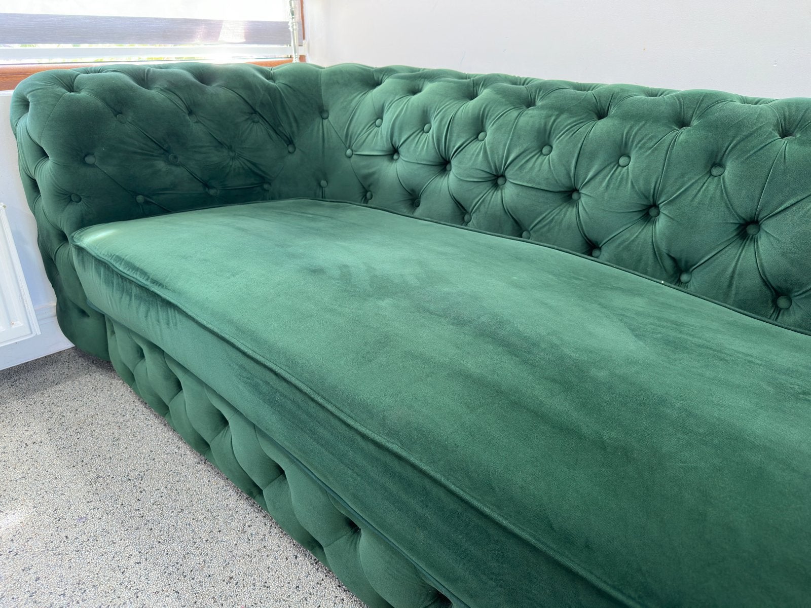 Chesterfield bankstel donkergroen fluweel + fauteuil, Huis en Inrichting, Banken | Voetenbanken en Poefen, Ophalen, Gebruikt, 125 cm of meer
