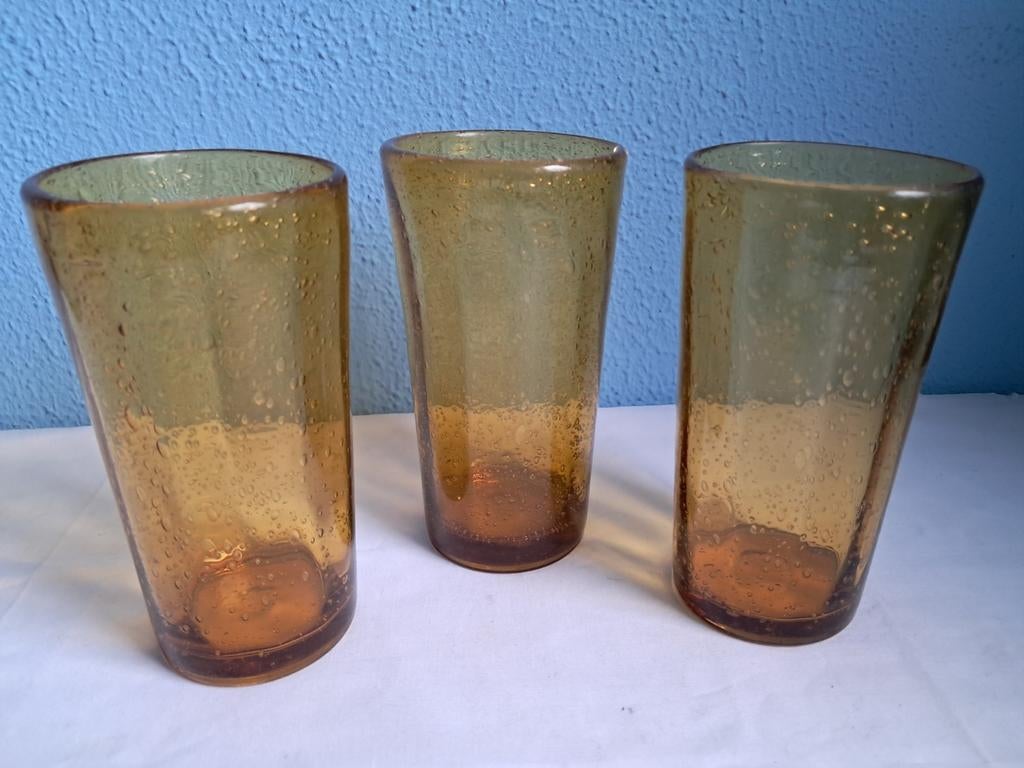 Prachtige amberkleurige drinkglazen of windlichten., Overige materialen, Overige kleuren, Ophalen of Verzenden, Zo goed als nieuw
