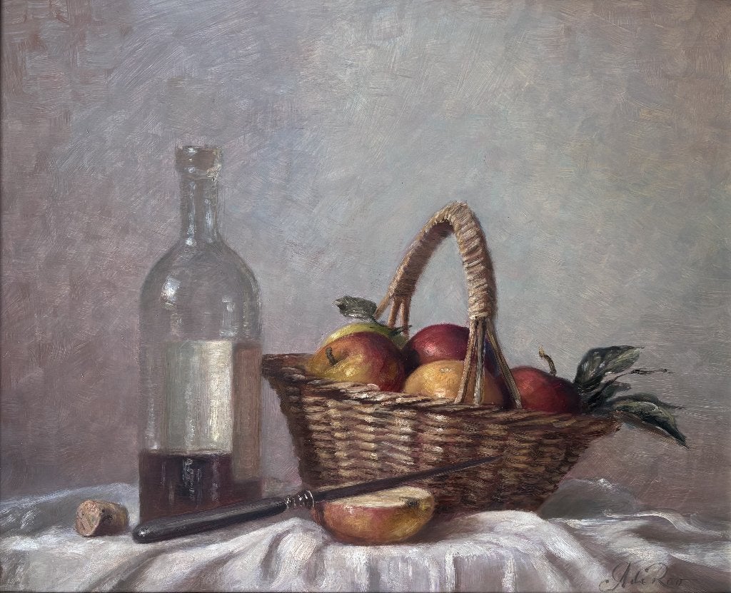 Ad de Roo (1959) - Stilleven met fles en mand met appels, Paneel, Realistisch, Stilleven, Ophalen of Verzenden