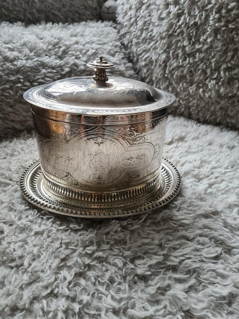 Antieke verzilverde koektrommel met dienblad, Ophalen of Verzenden, Zilver