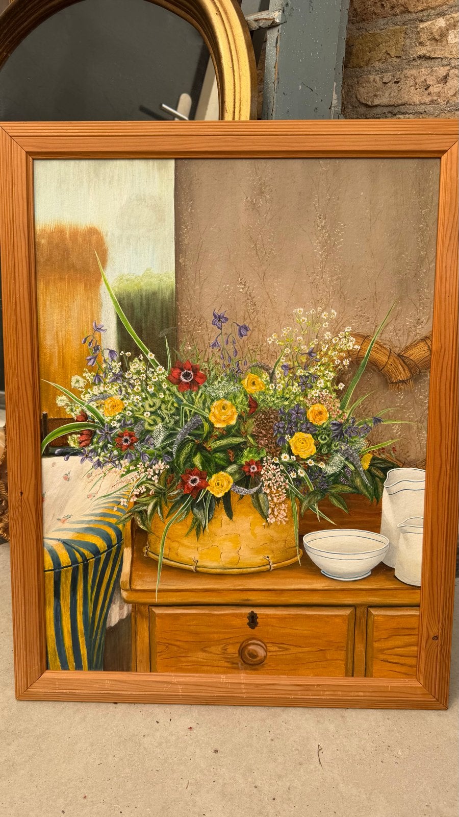 Kleurrijk bloemenschilderij in houten lijst, Doek, Realistisch, Olieverf, Ingelijst