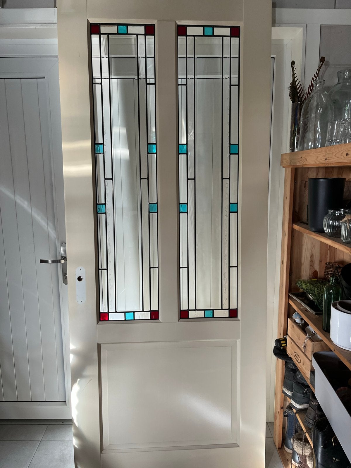 Binnendeur met glas-in-lood, 230x95 cm, opknapper, Ophalen, Gebruikt, 80 tot 100 cm, 215 cm of meer