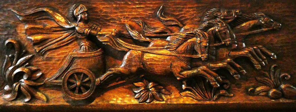Groot houten paneel Romeinse strijdwagen paarden ridder, Antiek en Kunst, Ophalen of Verzenden, Handgemaakt, Wanddecoratie, 1 meter - 2 meter
