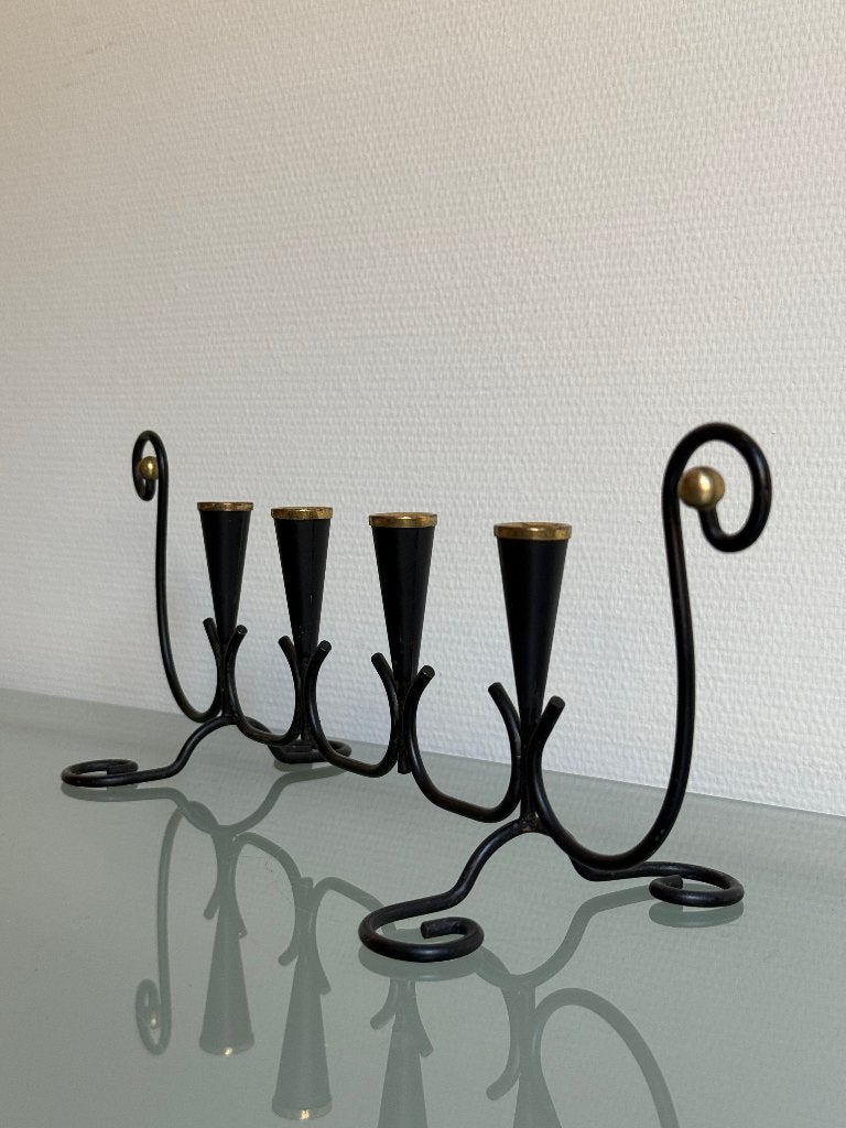 Vintage Gunnar Ander Ystad zwart metalen + messing kandelaar, Gebruikt, 12 cm, Zwart, Ophalen of Verzenden