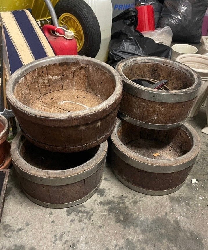 Set van 4 houten plantenbakken/tonnen, Ophalen, Gebruikt, Balkon, Rond