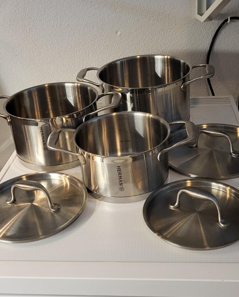 Herman de Blijker pannenset nw.€169,00 nu €79,00, Huis en Inrichting, Keuken | Potten en Pannen, Ophalen of Verzenden, Nieuw, Rvs
