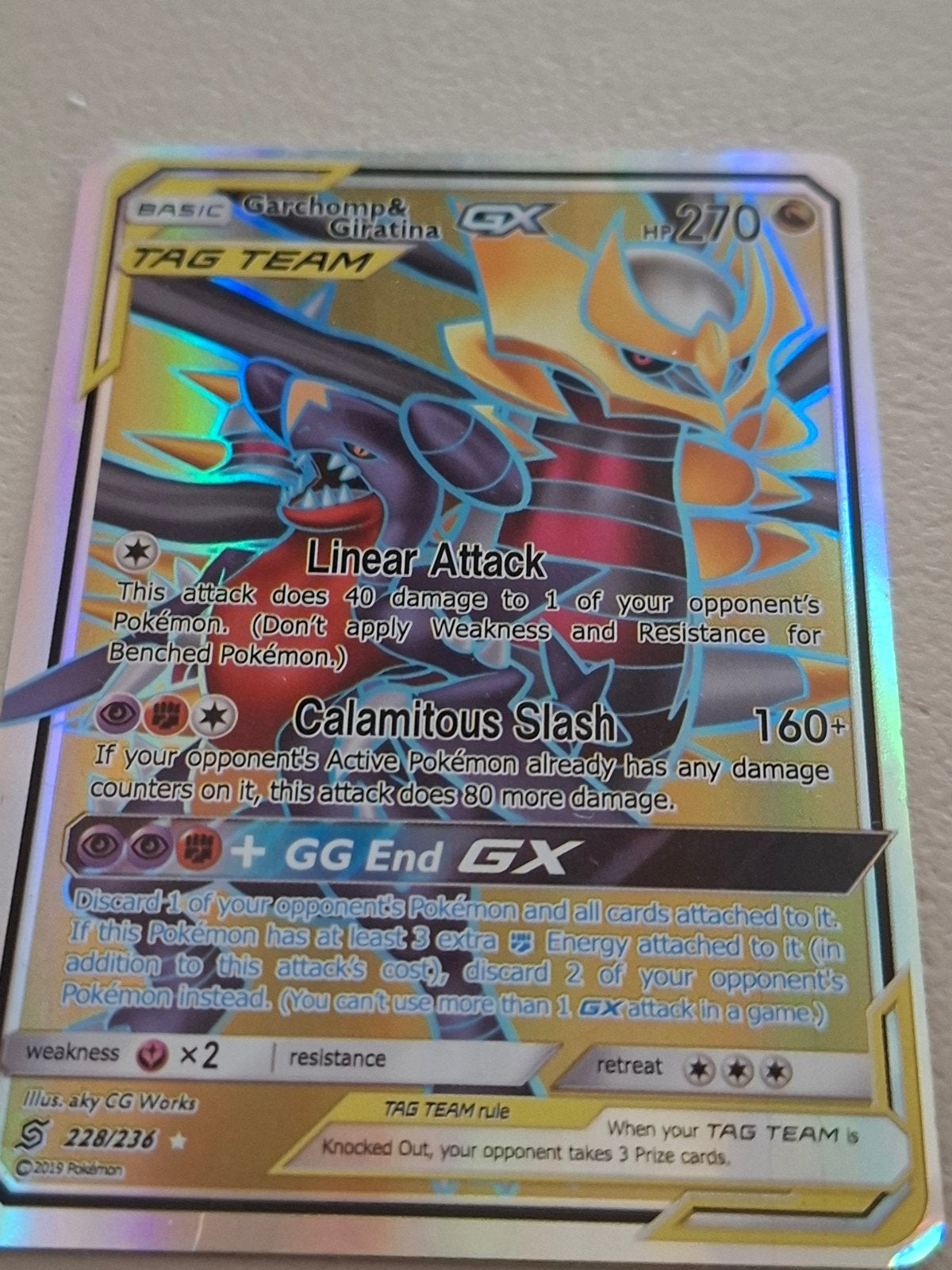 Pokémon Kaart: Garchomp & Giratina GX TAG TEAM, Ophalen of Verzenden, Zo goed als nieuw, Losse kaart, Foil