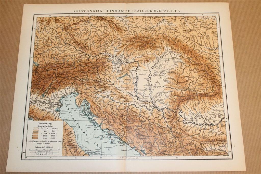 Antieke natuurkundige kaart - Oostenrijk-Hongarije - 1900, Boeken, Atlassen en Landkaarten, Gelezen, Ophalen of Verzenden, Landkaart