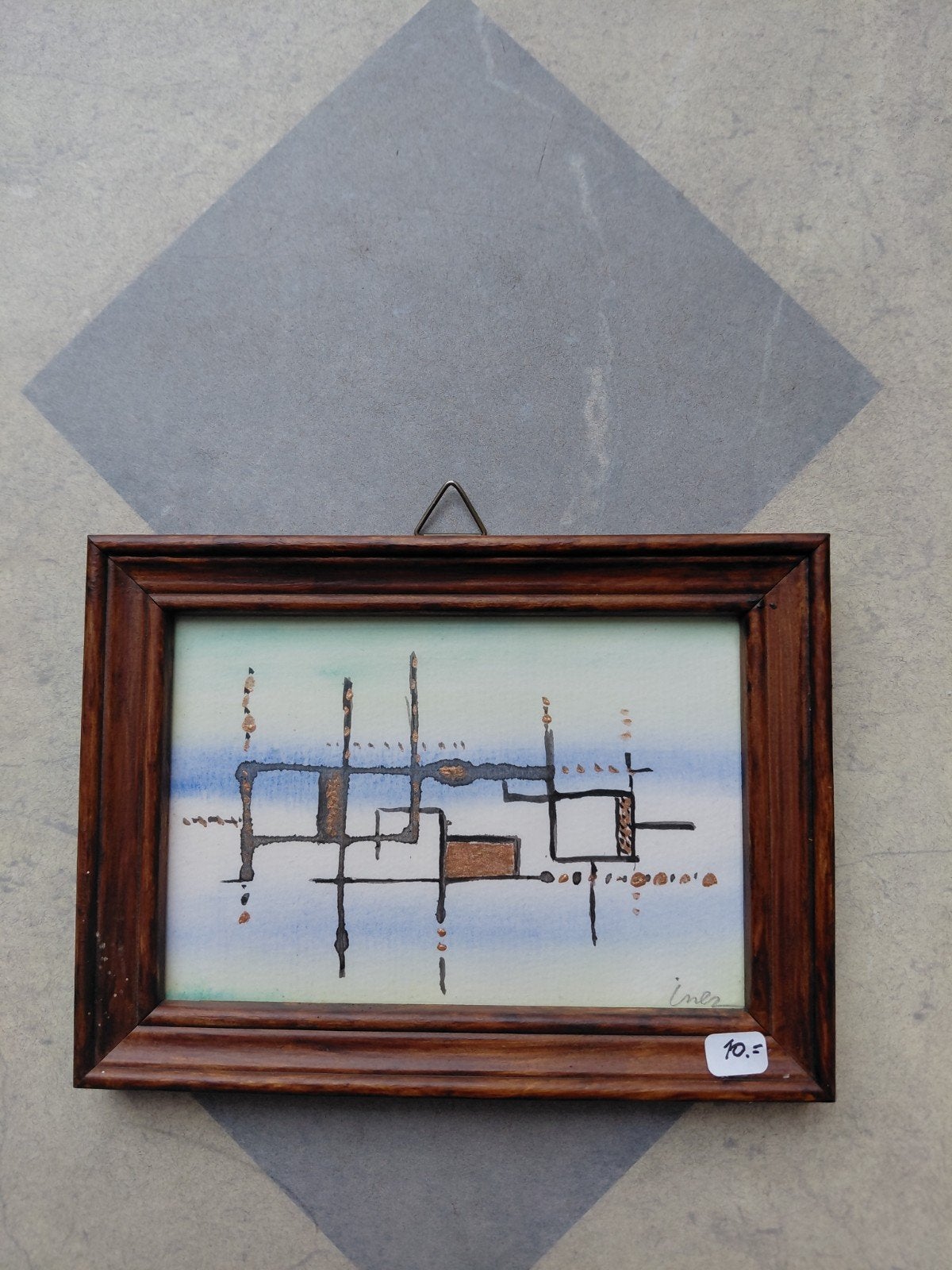 Abstracte kunst in houten lijst, Antiek en Kunst, Abstract, Aquarel, Hout, Ingelijst
