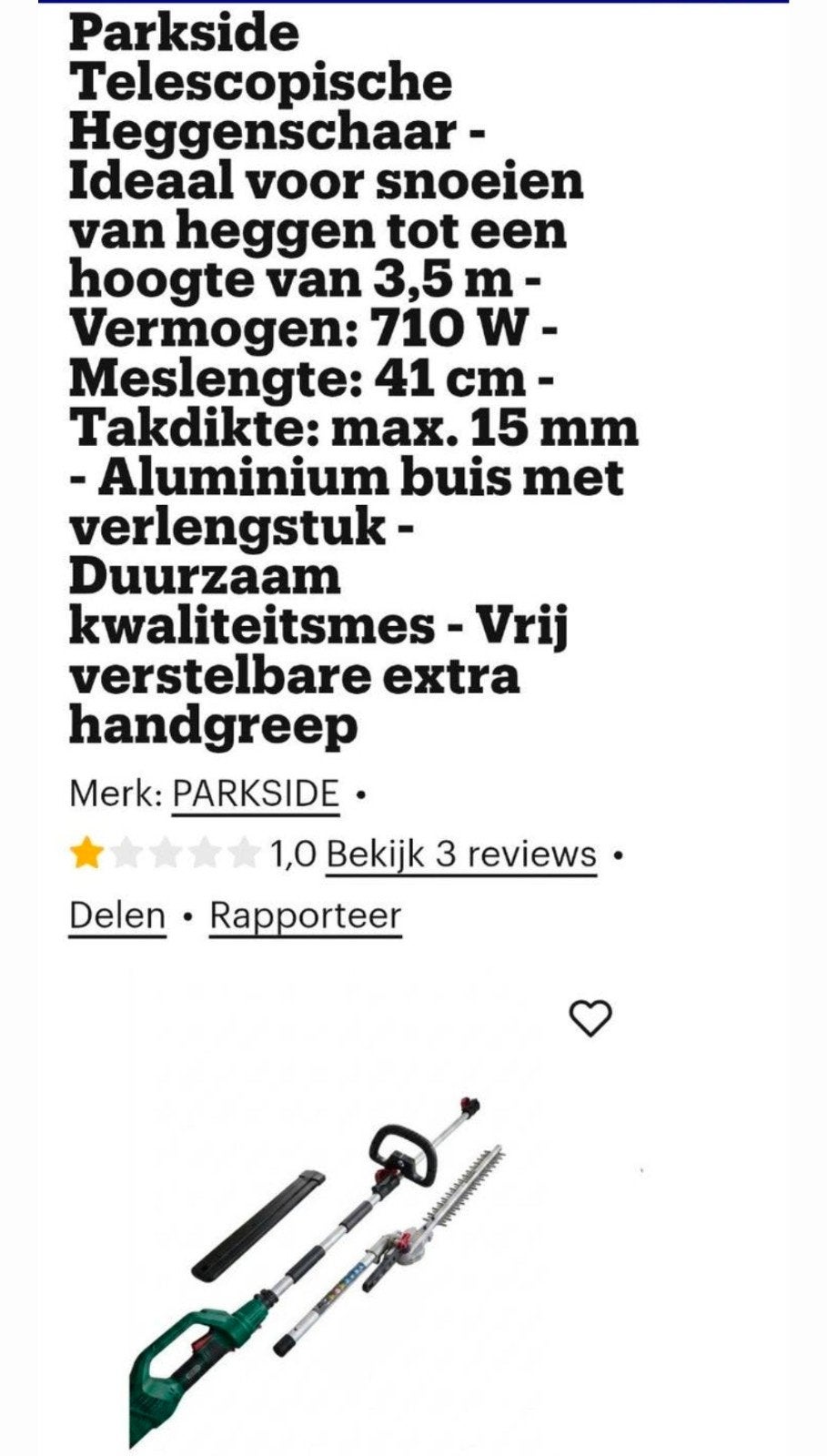 Parkside Telescopische Heggenschaar 710W - 3,5m bereik, Tuin en Terras, Heggenscharen, Ophalen, Elektrisch
