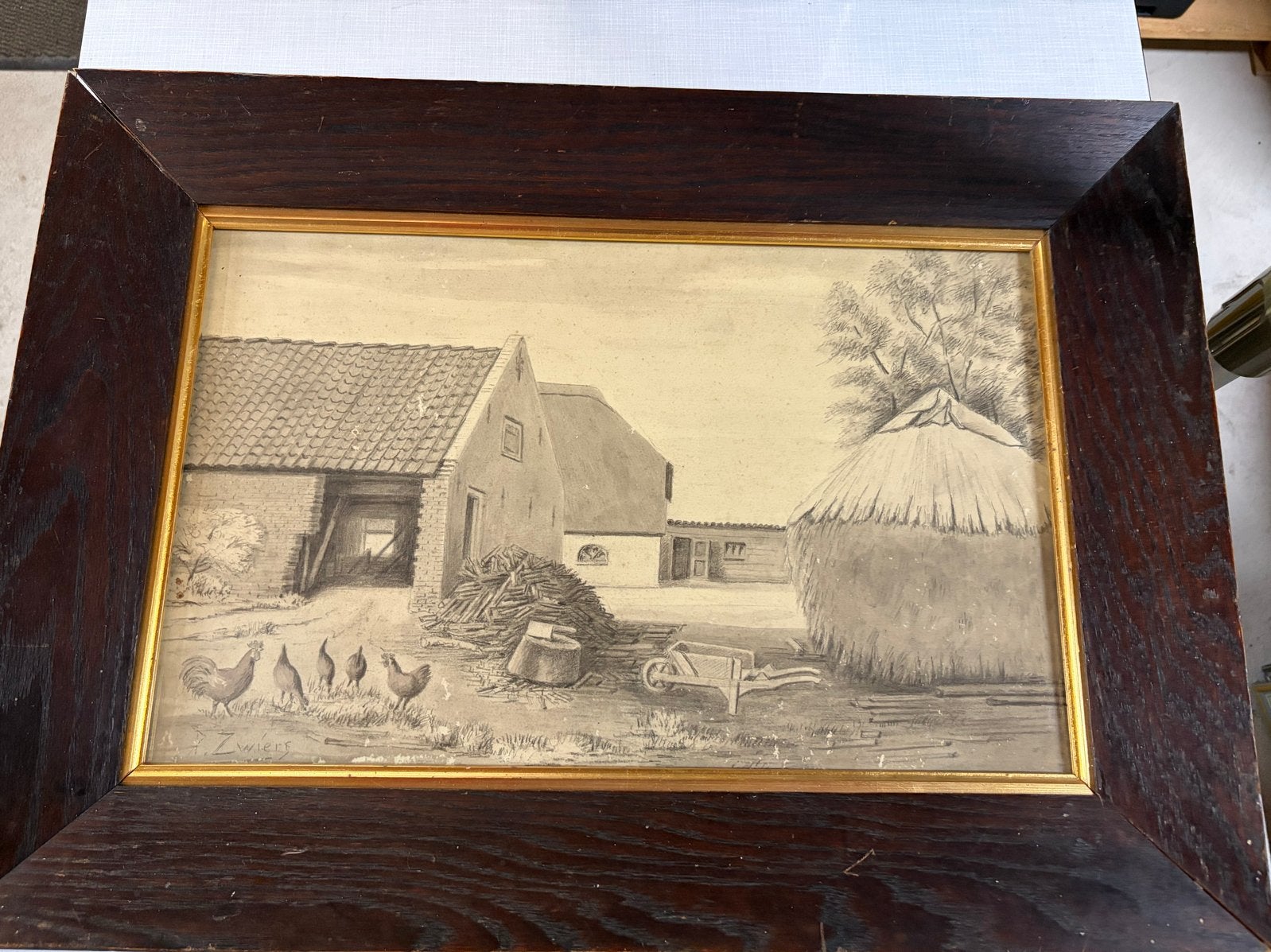 Antieke boerderij tekening Piet Zwiers Meppel, Ophalen of Verzenden