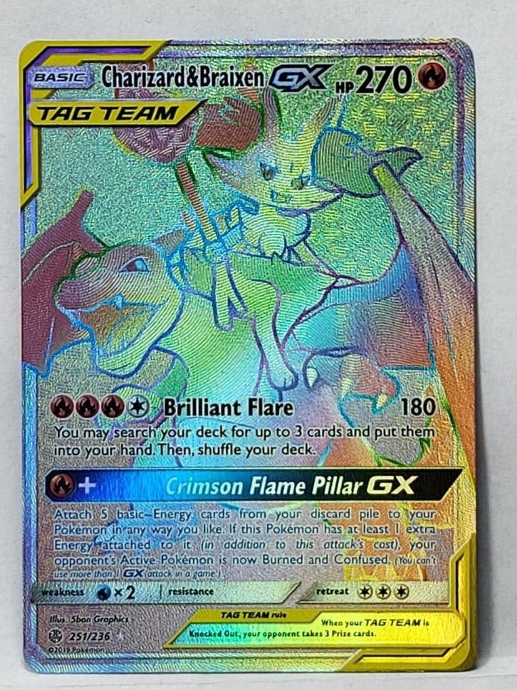 251/236 Charizard & Braixen GX - Cosmic Eclipse (CEC - ENG), Ophalen of Verzenden, Zo goed als nieuw, Losse kaart, Foil