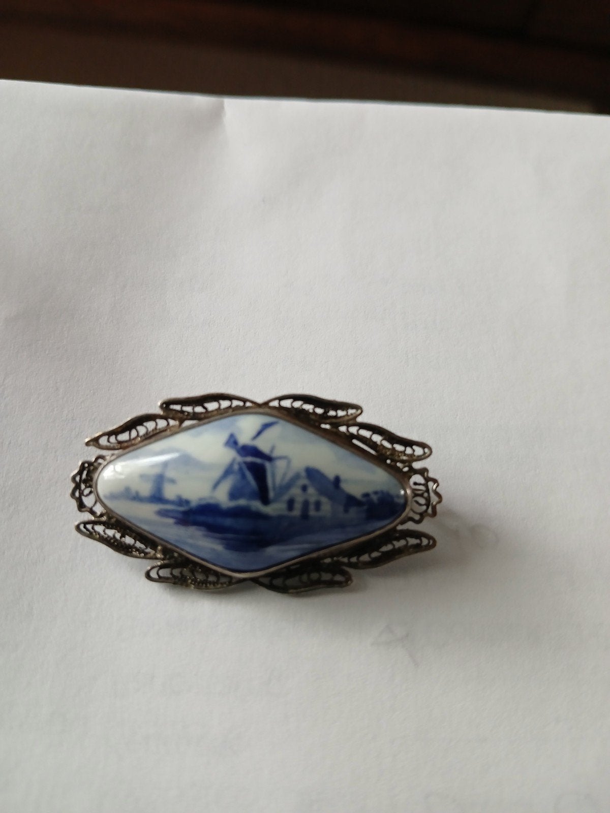 Zilveren broche met Delfts blauw, Ophalen of Verzenden
