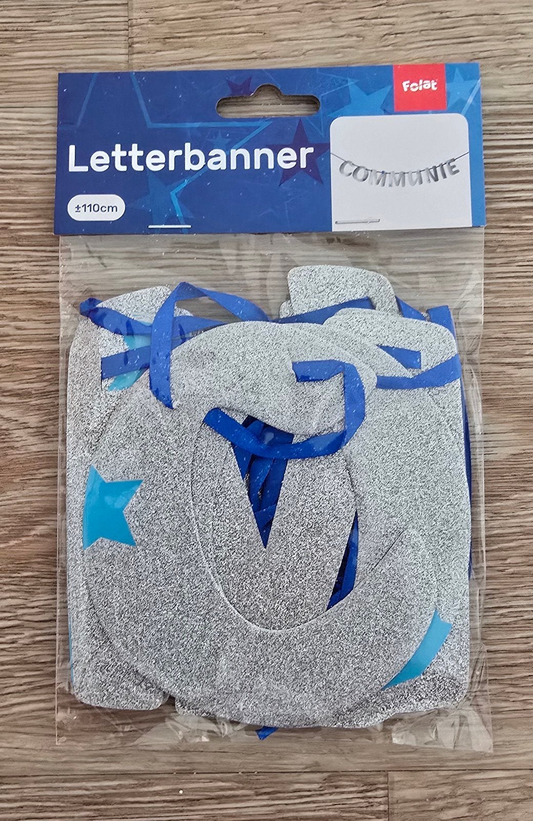 Folat Letterbanner 'Communie' - Zilver/Blauw, Ophalen of Verzenden, Nieuw, Versiering, Geboorte of Huwelijk